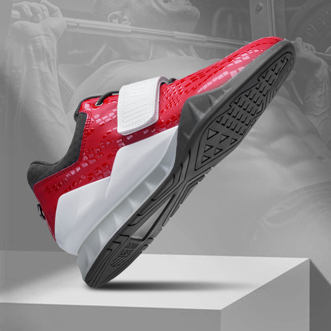 Castiron Lift PowerLifter 3 gray competition weightlifting shoe with orange POWERLIFT strap front view