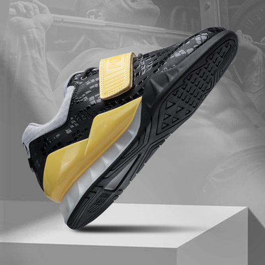 Castiron Lift PowerLifter 3 Black Yellow side view floating on gym background