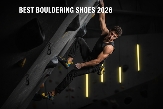 Climber testing precise foot placement on an overhanging wall, climbing shoe guide for women