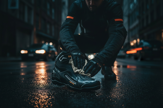 How to clean and care for motorcycle boots 2026 — rider cleaning motorcycle boot on wet urban street UK