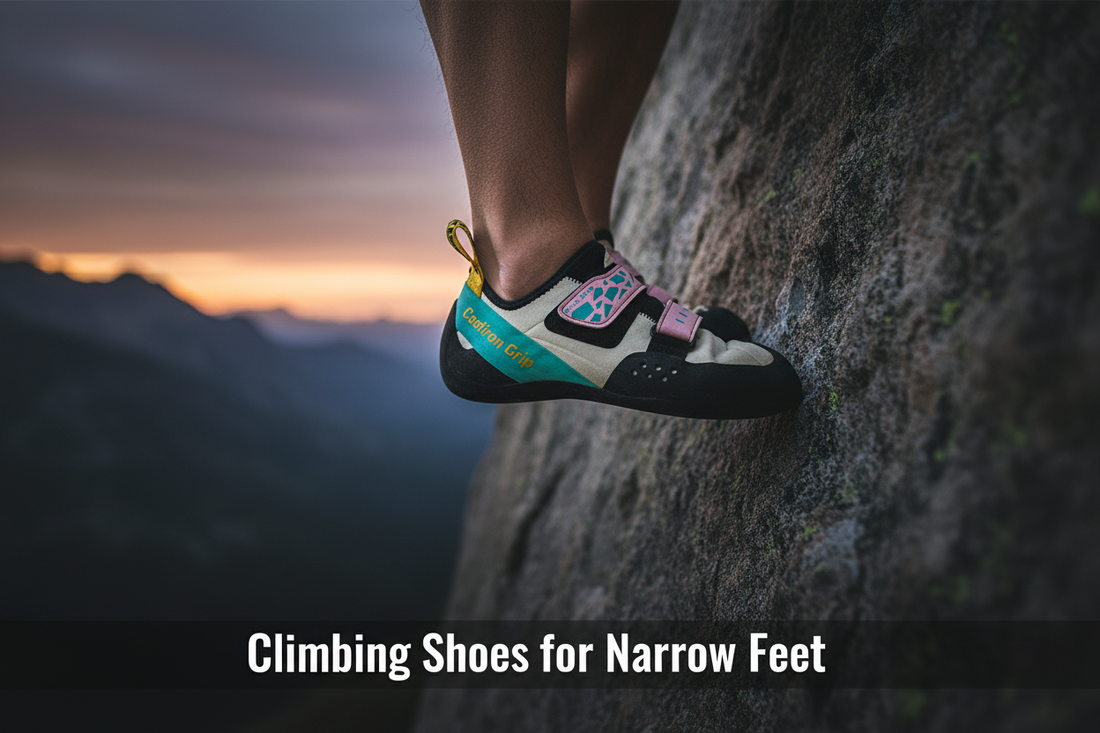 Narrow-fit climbing shoes on a steep rock face, UK climbing guide