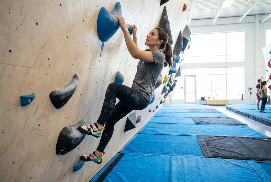 Generated illustration of an adult climber practising movement on an indoor wall above blue mats.