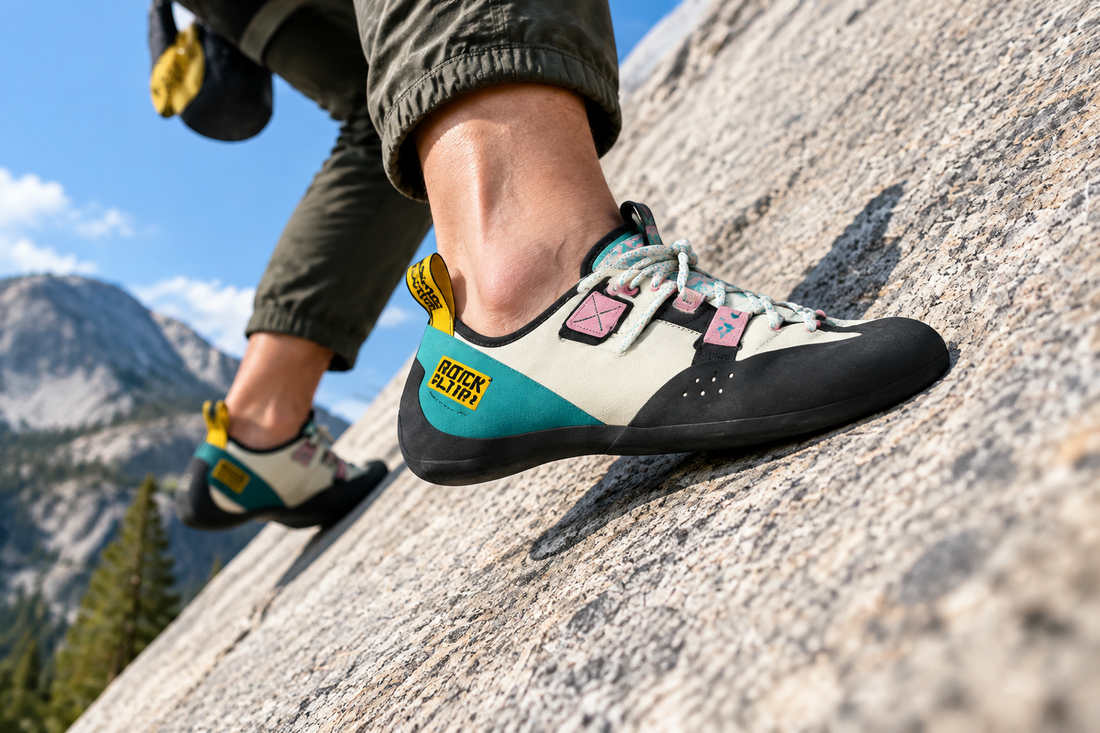Kletterschuhe für Plattfüße 2026 Europa Guide — Kletterer smeart an Kalkstein mit Castiron Grip SWIFT Schnürschuhen
