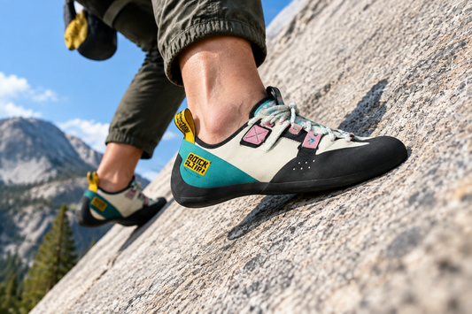 Climbing shoes for flat feet 2026 Oceania guide — climber smearing on sandstone in Castiron Grip SWIFT lace-up shoes, Australia and New Zealand