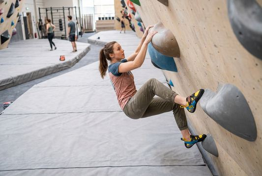 Generated illustration of an adult climber practising supported movement on large indoor holds.