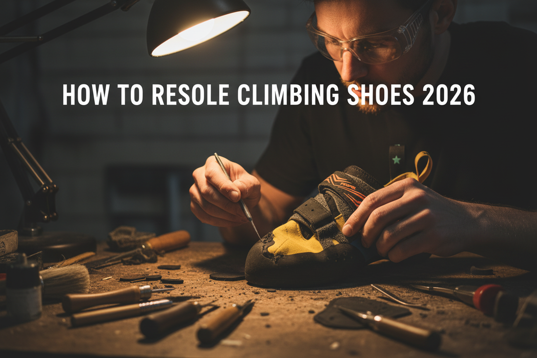 How to resole climbing shoes 2026 Australia and New Zealand guide — worn rubber inspection on a climbing shoe repair bench