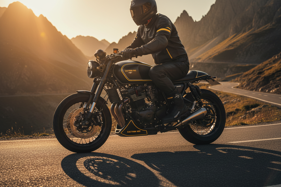 Leather vs textile motorcycle boots 2026 — Castiron Ride rider on mountain road UK