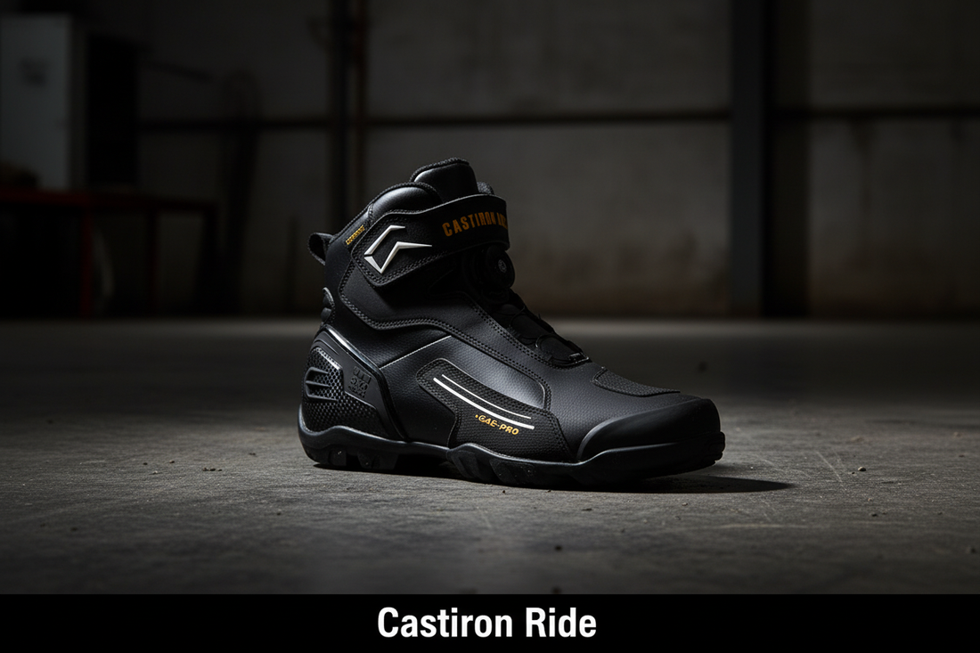 Castiron Ride IronRider motorcycle performance boot — dark cinematic hero shot