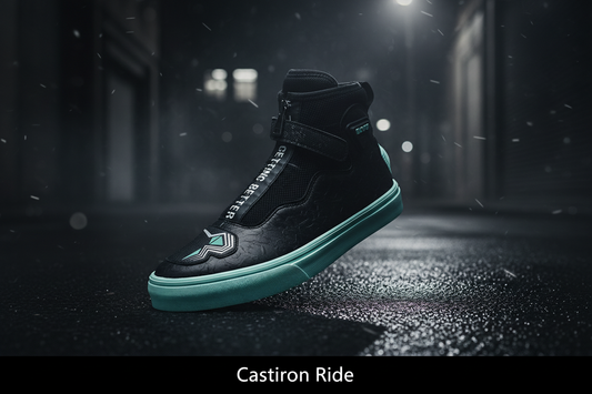 Castiron Ride MileCast motorrad sneaker — dark cinematic hero shot