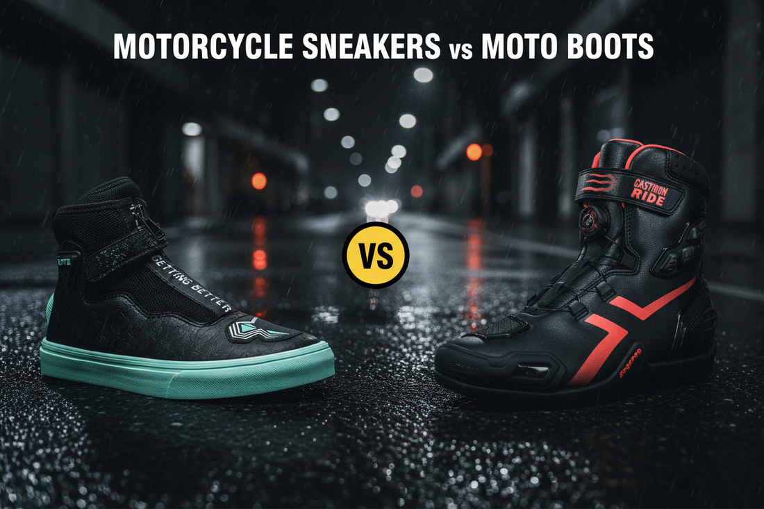 Motorcycle sneakers vs moto boots 2026 — Castiron Ride MileCast lifestyle sneaker vs ShiftCast performance boot comparison