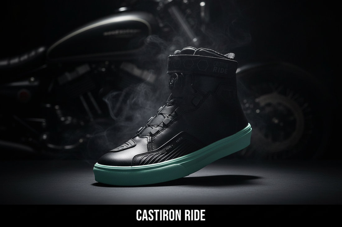 Castiron Ride RoadCast BOA motorcycle lifestyle shoe — dark cinematic hero shot