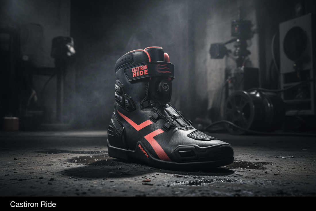 Castiron Ride ShiftCast motorcycle performance boot — dark cinematic hero shot