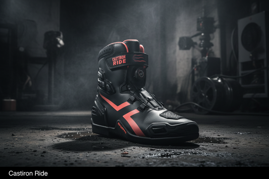Castiron Ride ShiftCast motorcycle performance boot — dark cinematic hero shot