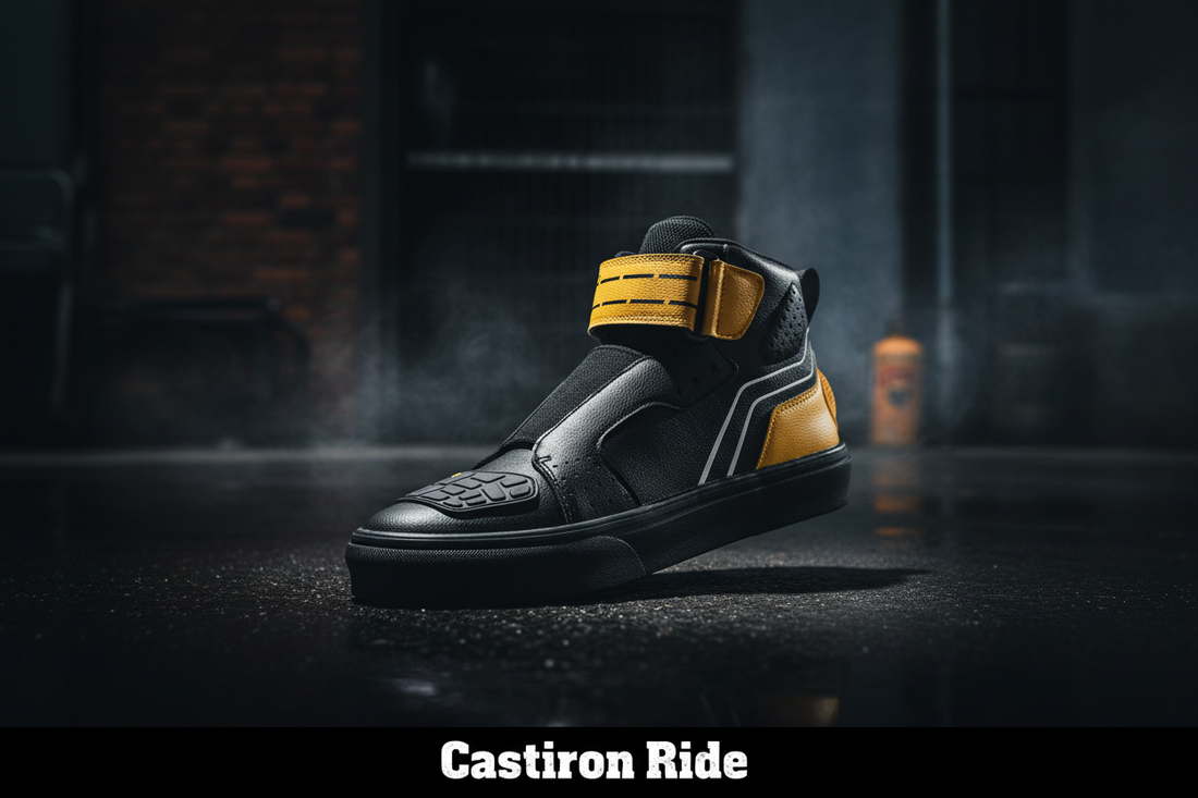 Castiron Ride UrbanCast motorcycle lifestyle sneaker — dark cinematic hero shot