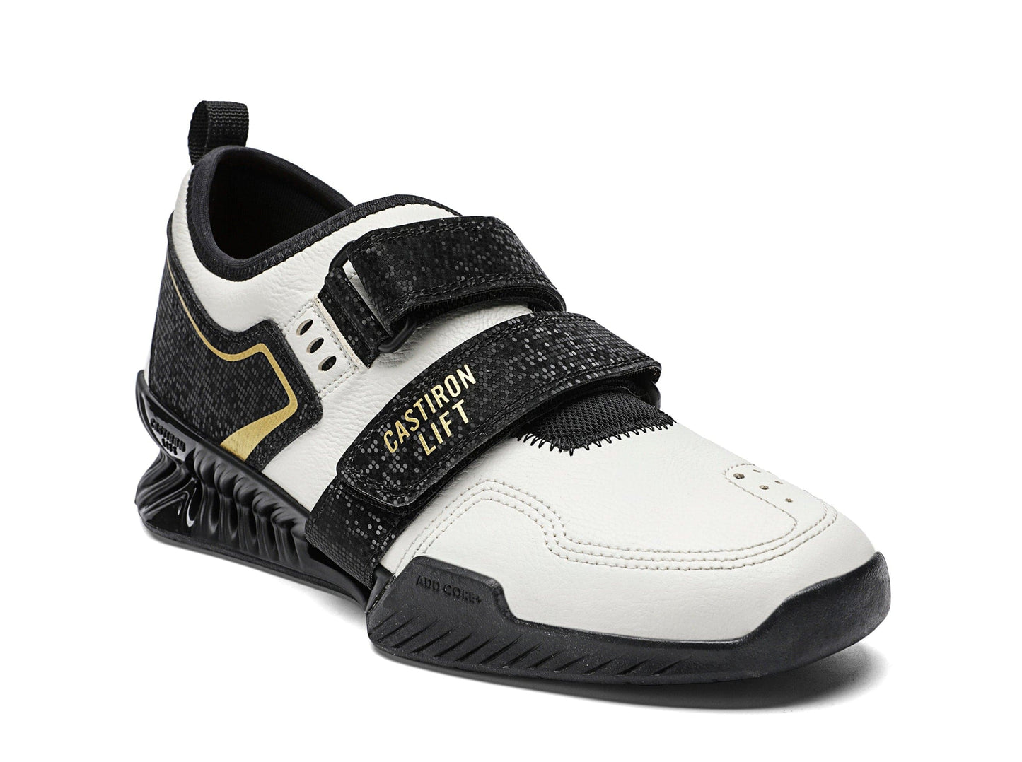 Castiron Lift PowerLifter 1 leather weightlifting shoe, black white colorway side view