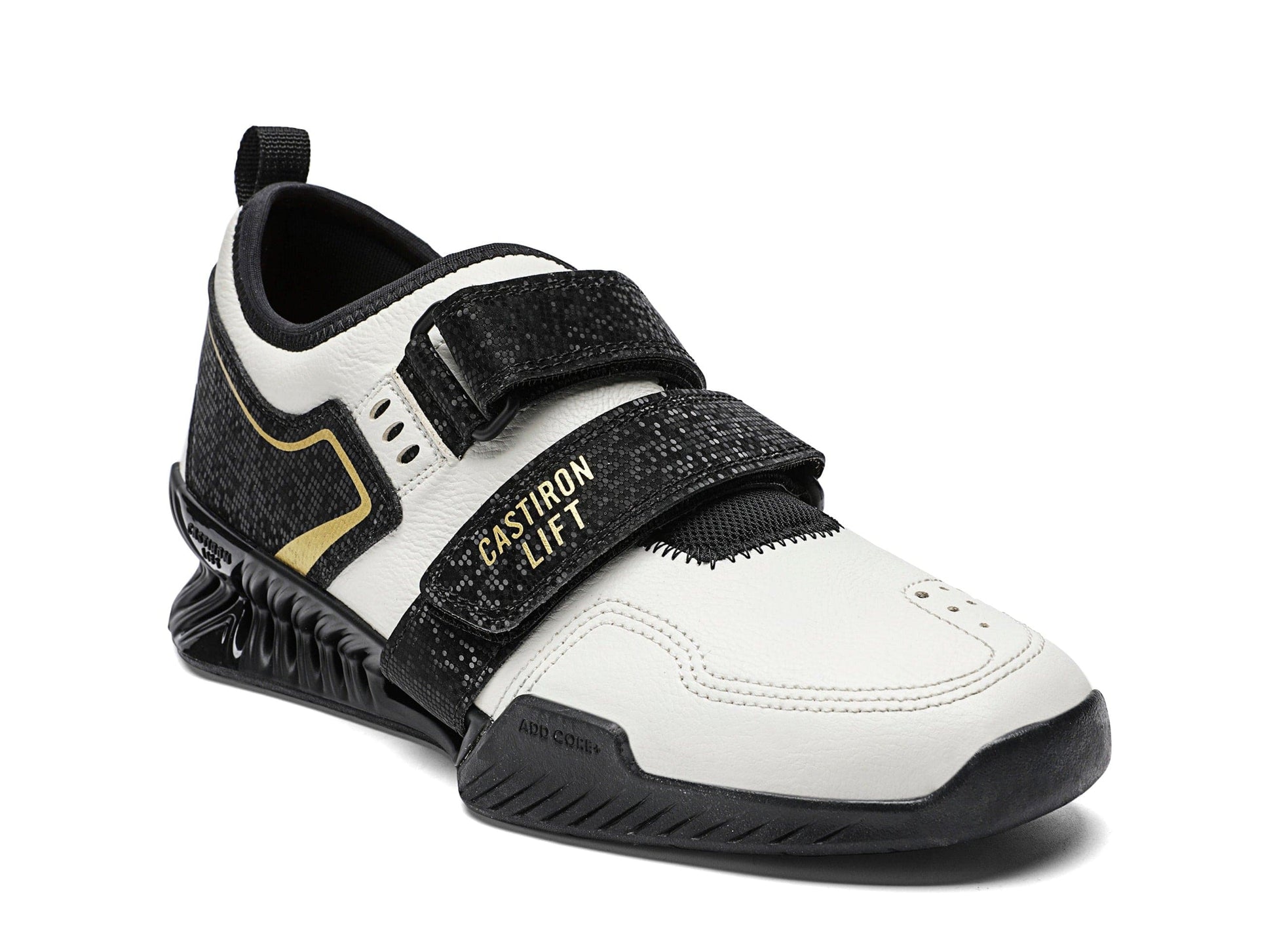 Castiron Lift PowerLifter 1 leather weightlifting shoe, black white colorway side view